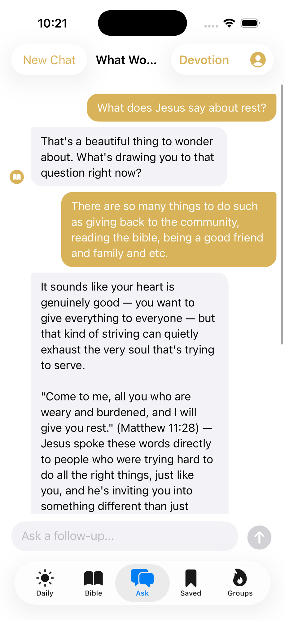 Cana Ask feature — AI Bible chat screen
