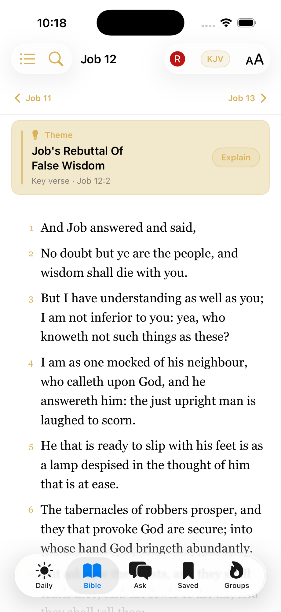Bible Reader showing Job 12 in KJV with verse numbers
