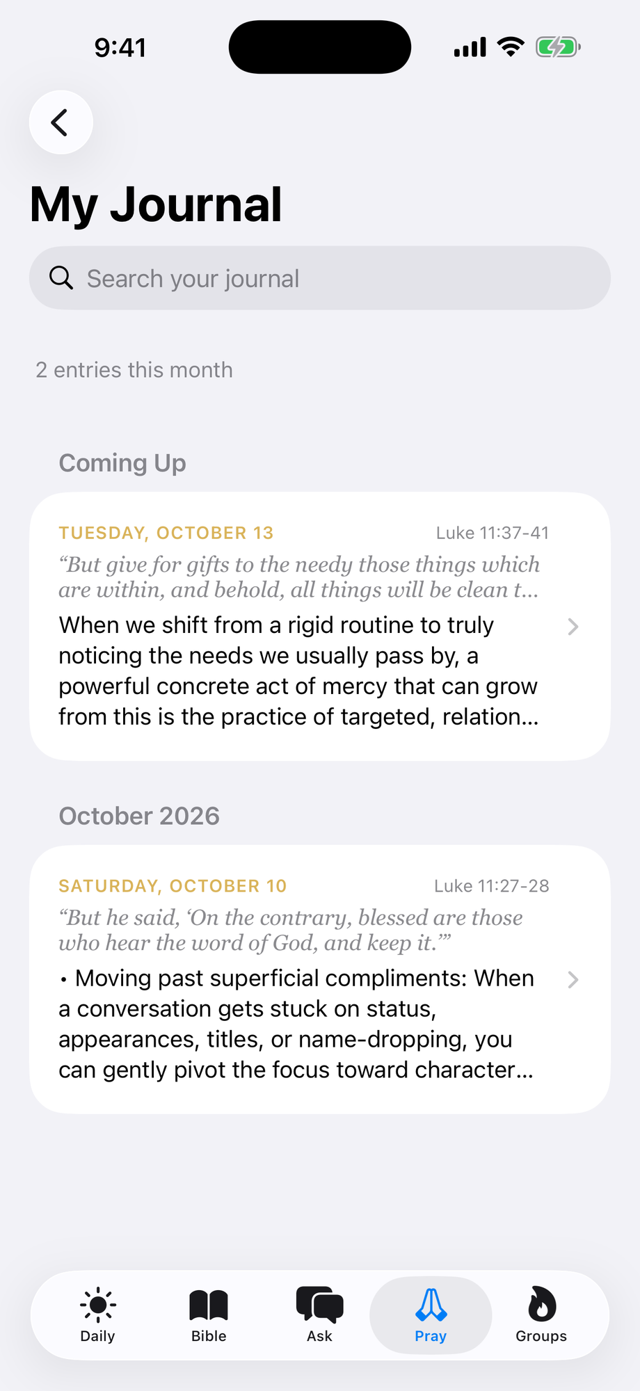 My Journal: entries written on the day's Gospel