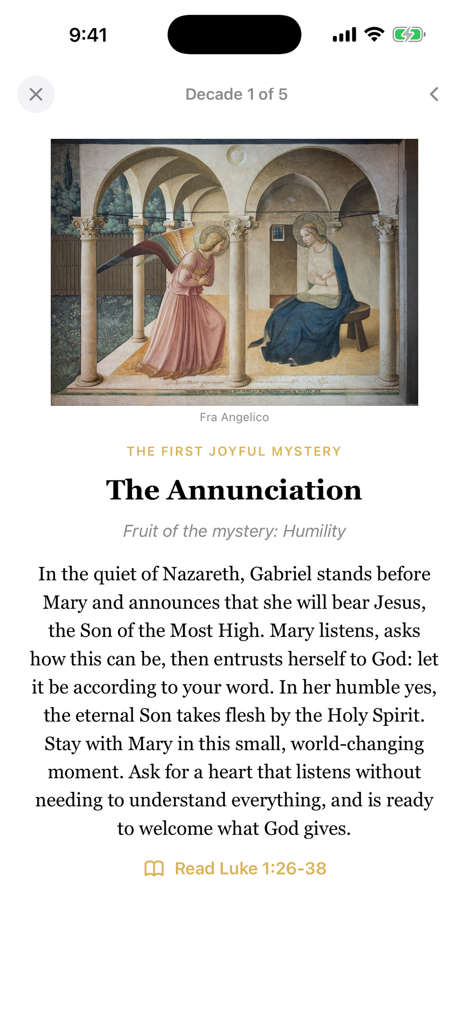 The Annunciation, the first Joyful Mystery, with Fra Angelico's painting