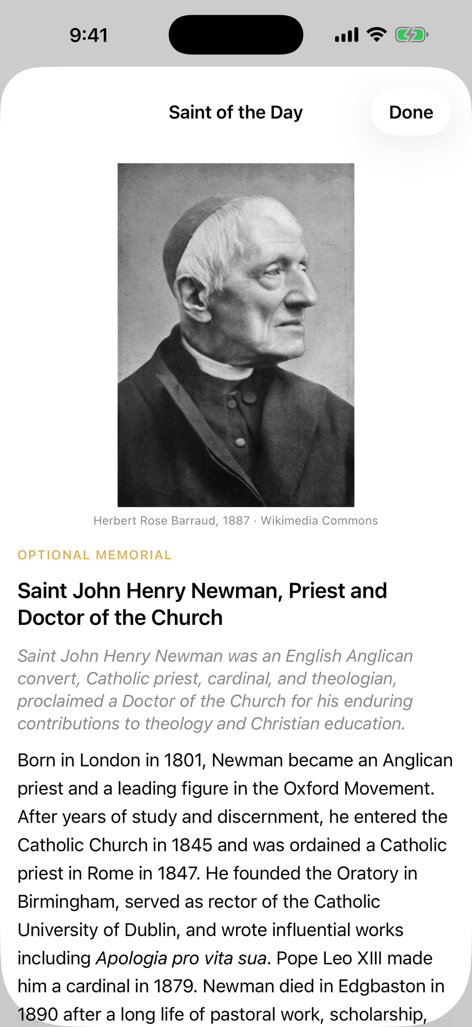 Saint John Henry Newman's biography, with his portrait