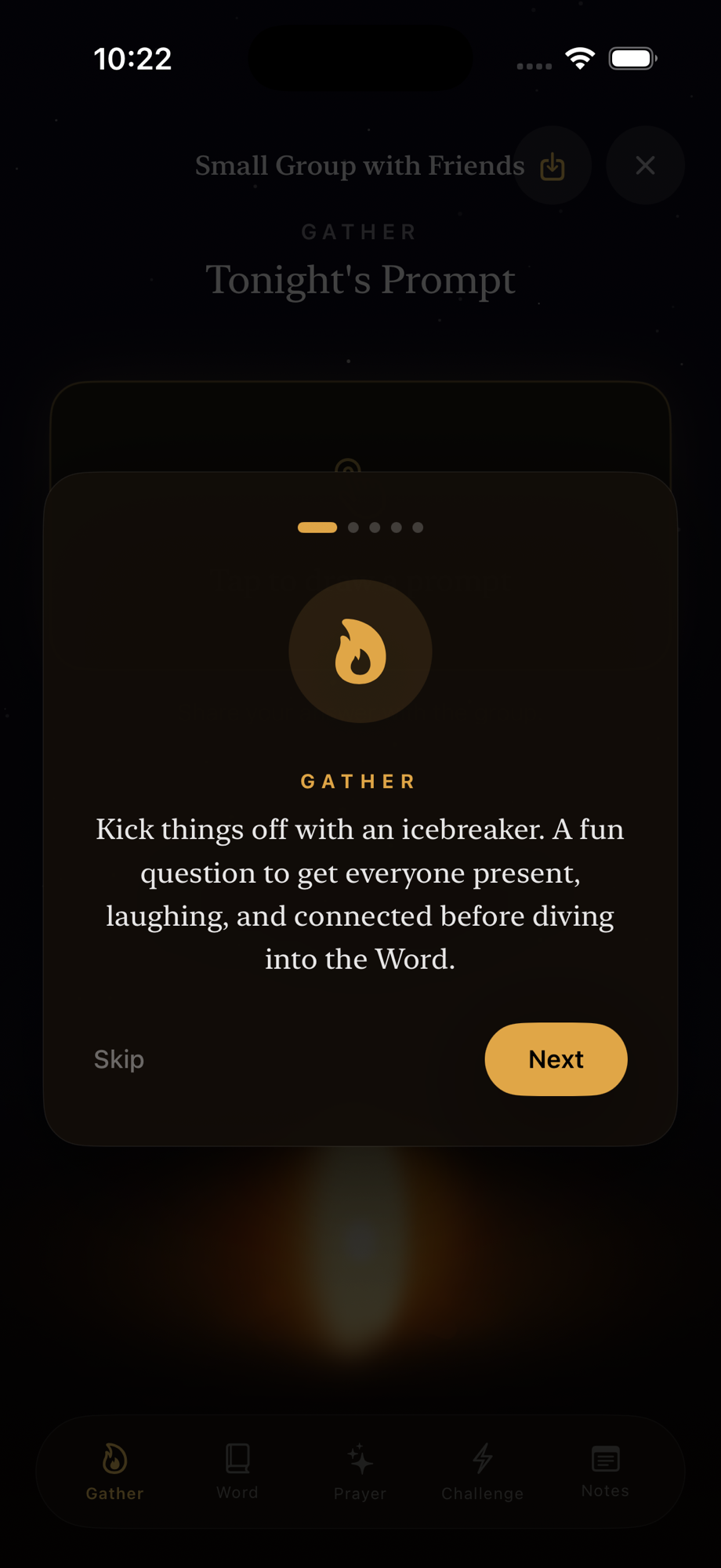 Small Groups feature showing Tonight's Prompt for group Bible study