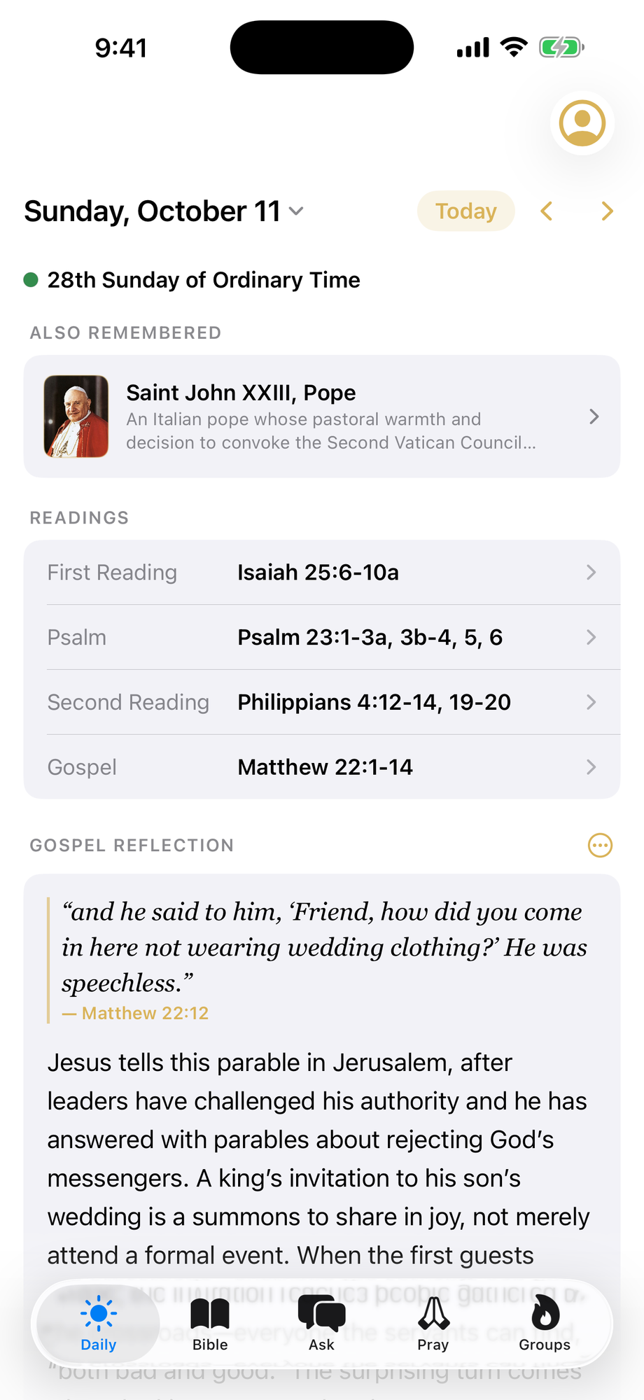 Cana's Today screen: the saints of the day and the Mass readings